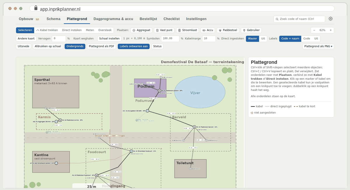 Inprikplanner met een festivalterrein in beeld: bronnen, verdelers, kabels met lengtes en aardpennen